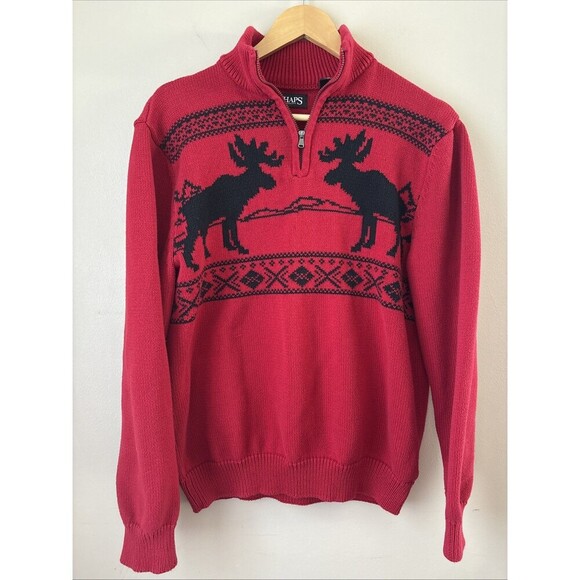 Chaps Men’s Red Quarter Zip Sweater Moose Fair Isle Design Size Large Holiday - Picture 1 of 7